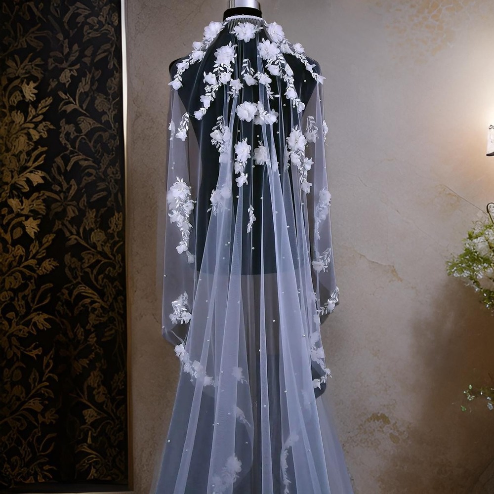 New 78 Inches Floral Pearl Lace White Long Wedding Bridal Veil Floor Length